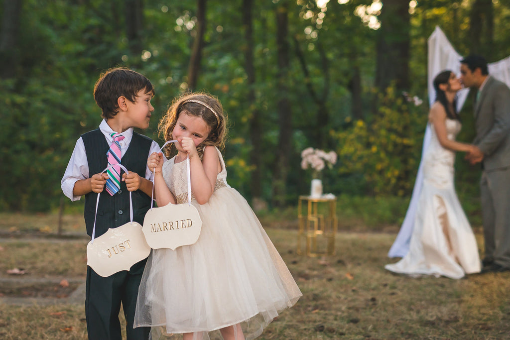 Large Silver 'Just Married' Wedding Sign Set to Hang on Chair and Use as Photo Prop