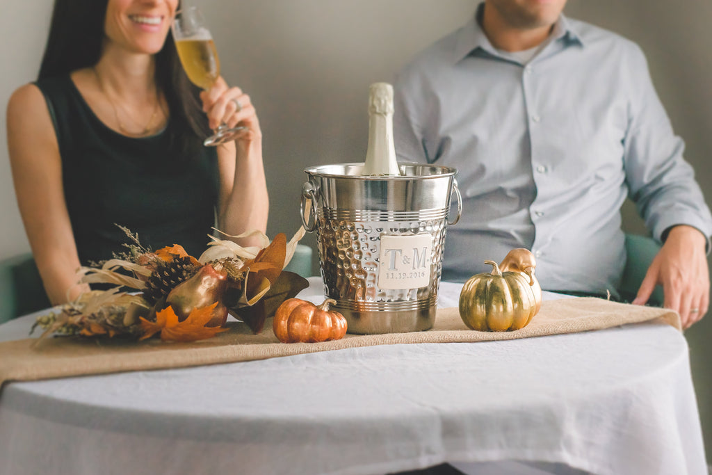 Hammered Stainless Steel Wine Bucket with Painted Initials - Personalized Wedding Gift