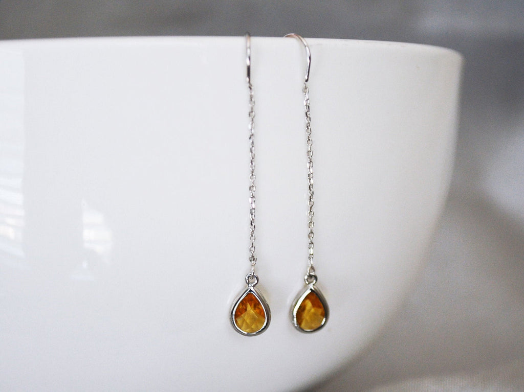 Topaz Threader Drop earrings, Dainty November Birthstone earrings, November Drop earrings, Bridesmaid earrings, November Birthday Gift