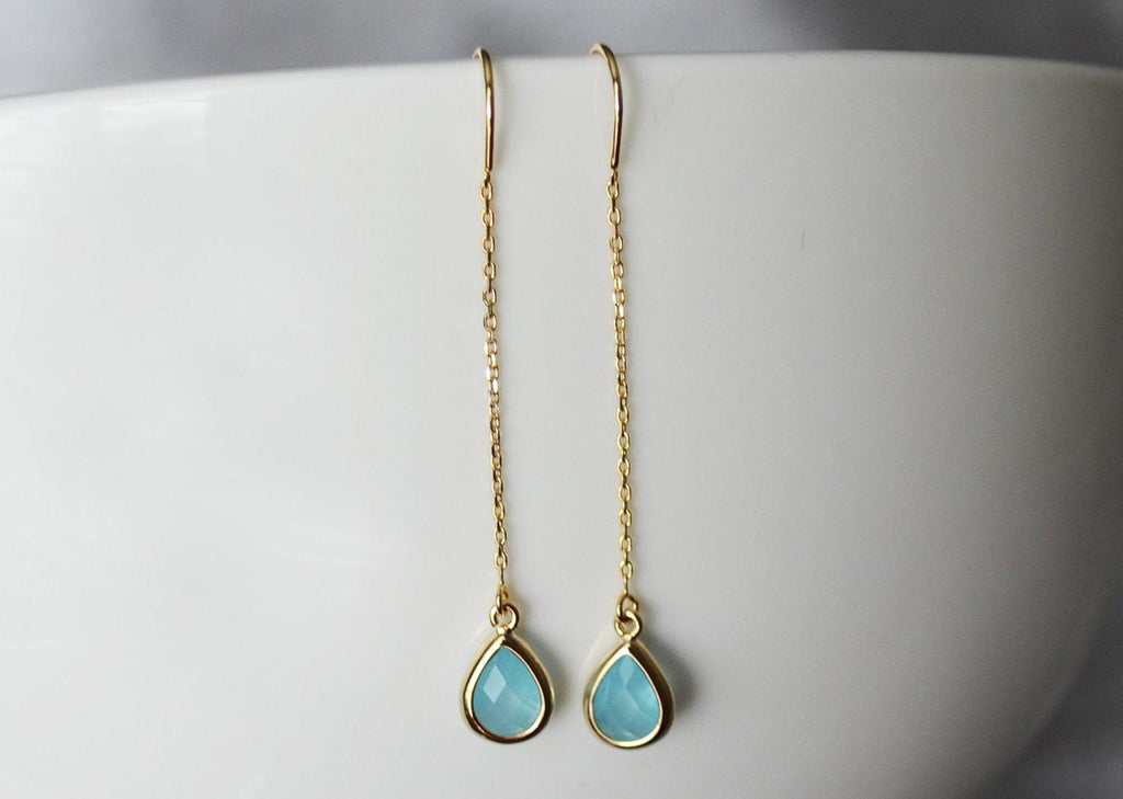 Turquoise Threader Earrings, Dainty December Birthstone earrings, Turquoise Drop earrings, Bridesmaid earrings, December Birthday Gift
