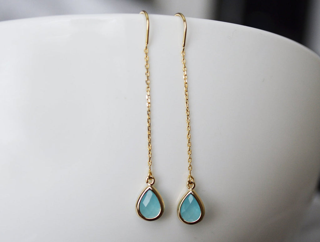 Turquoise Threader Earrings, Dainty December Birthstone earrings, Turquoise Drop earrings, Bridesmaid earrings, December Birthday Gift