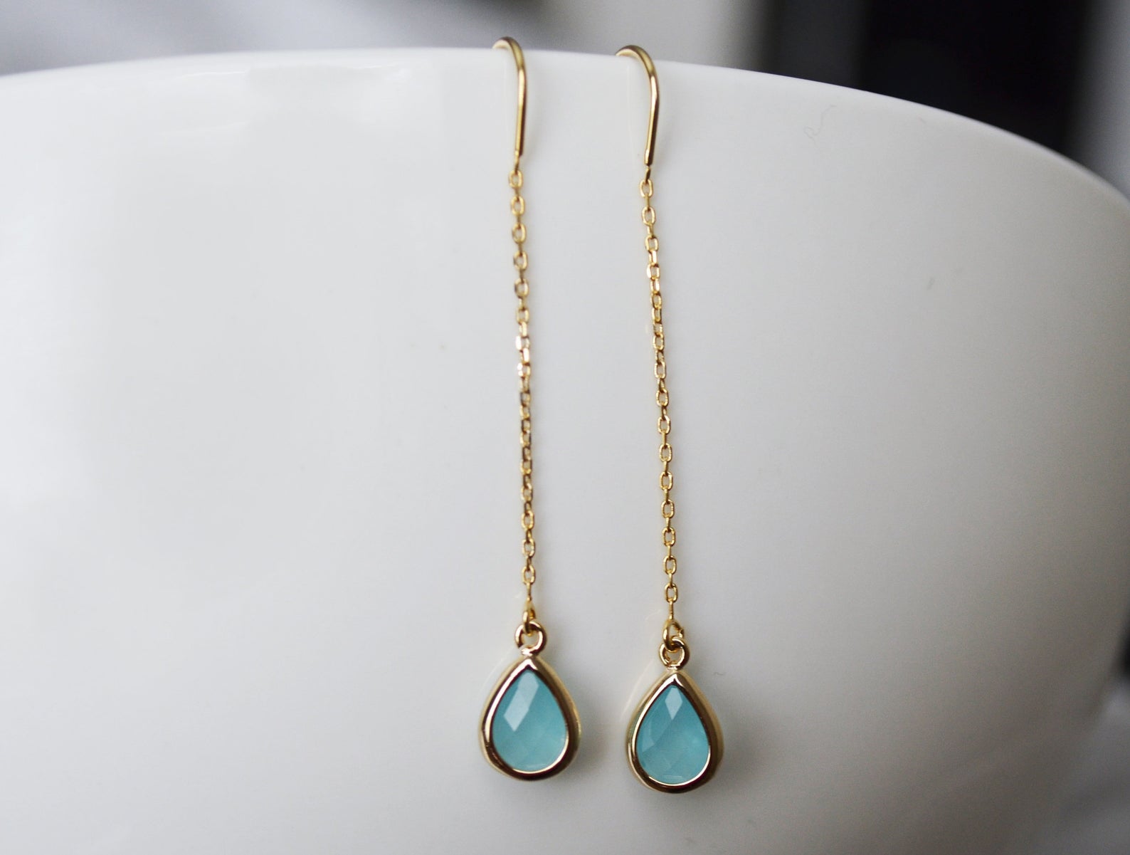 Turquoise Threader Earrings, Dainty December Birthstone earrings, Turquoise Drop earrings, Bridesmaid earrings, December Birthday Gift