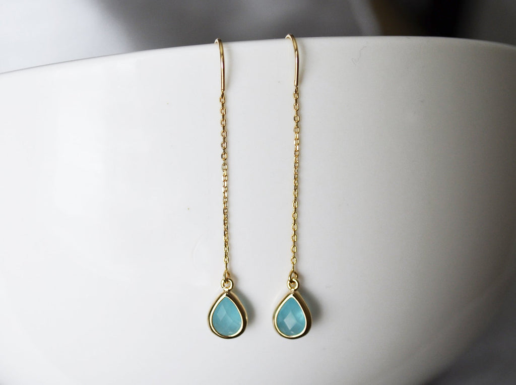 Turquoise Threader Earrings, Dainty December Birthstone earrings, Turquoise Drop earrings, Bridesmaid earrings, December Birthday Gift