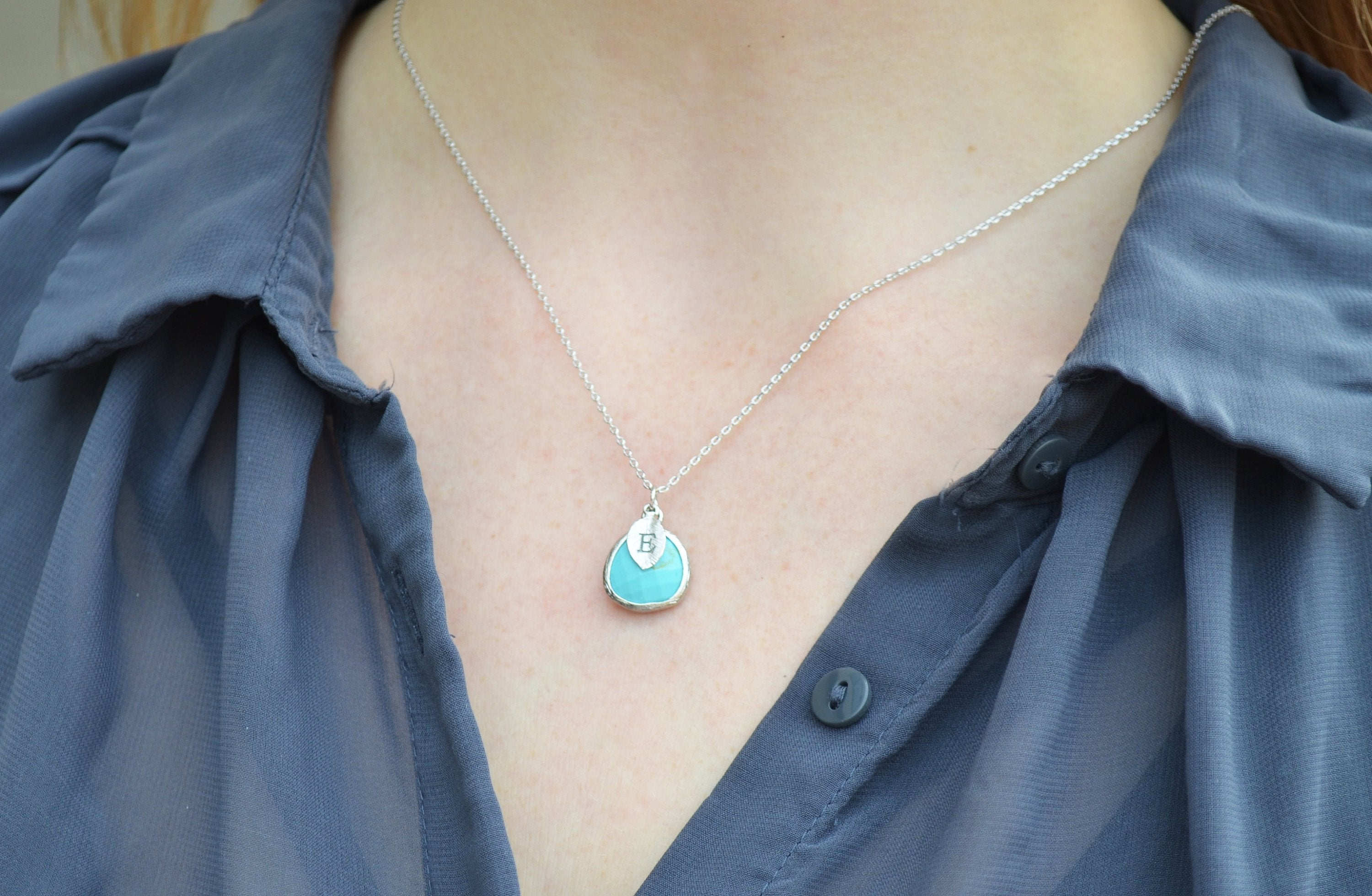 Turquoise Necklace - December Birthstone Necklace, Custom Initial Necklace
