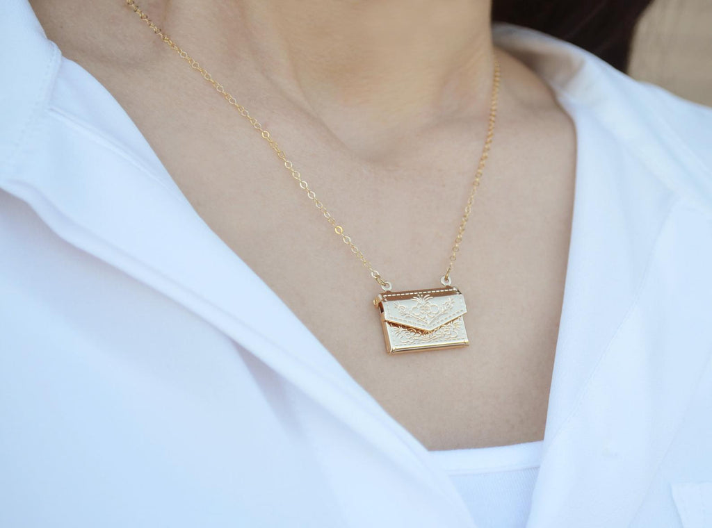 Envelope Locket Necklace, Letter Locket, Floral Design, Bridesmaid, Gold Locket