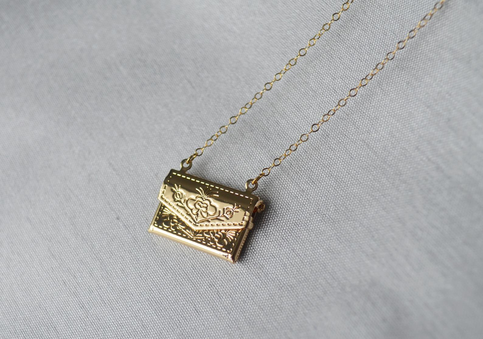 Envelope Locket Necklace, Letter Locket, Floral Design, Bridesmaid, Gold Locket