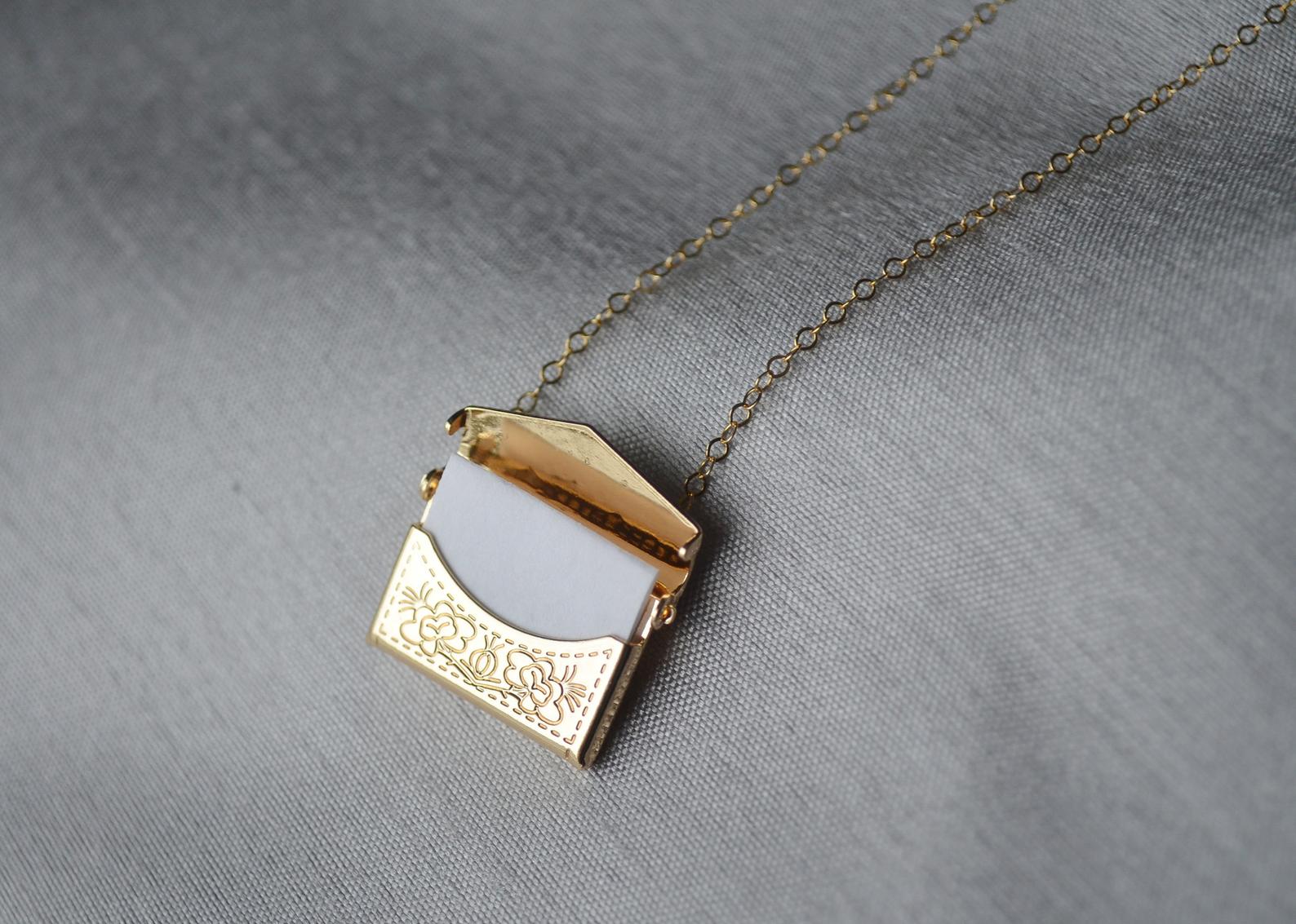 Envelope Locket Necklace, Letter Locket, Floral Design, Bridesmaid, Gold Locket