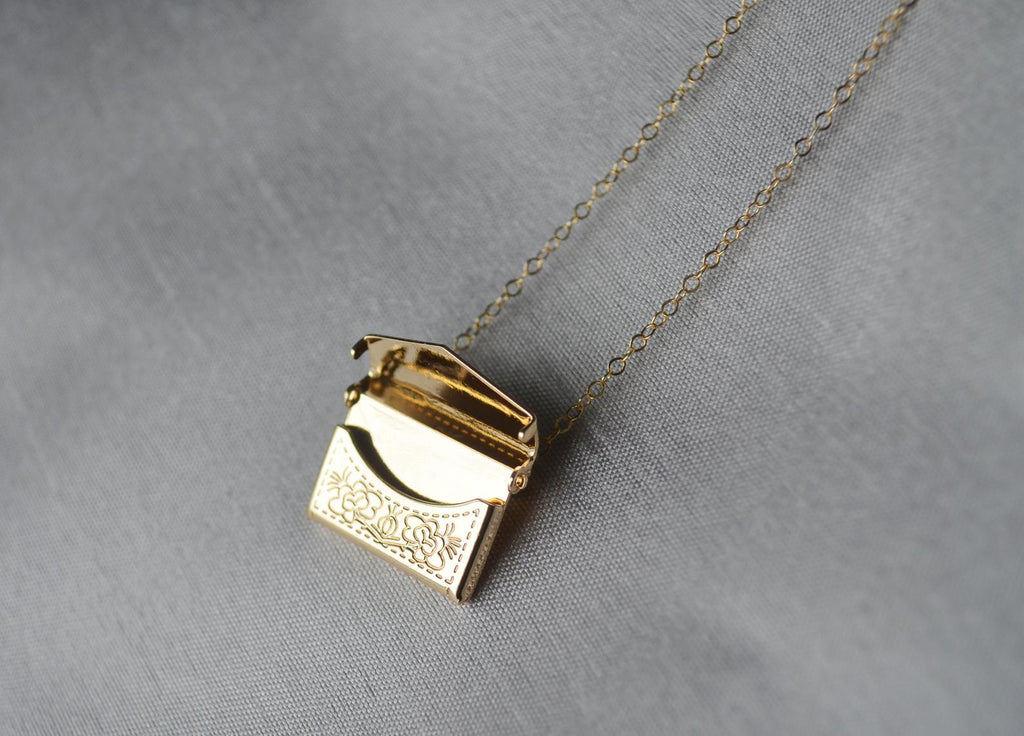 Envelope Locket Necklace, Letter Locket, Floral Design, Bridesmaid, Gold Locket