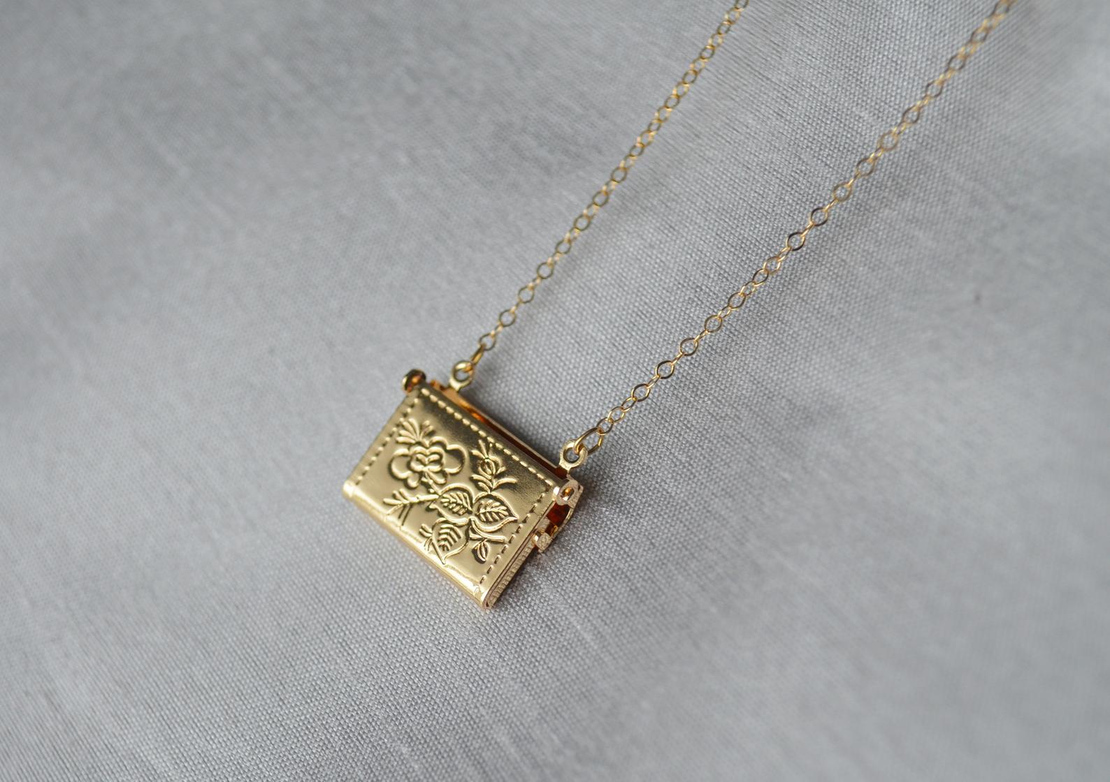 Envelope Locket Necklace, Letter Locket, Floral Design, Bridesmaid, Gold Locket