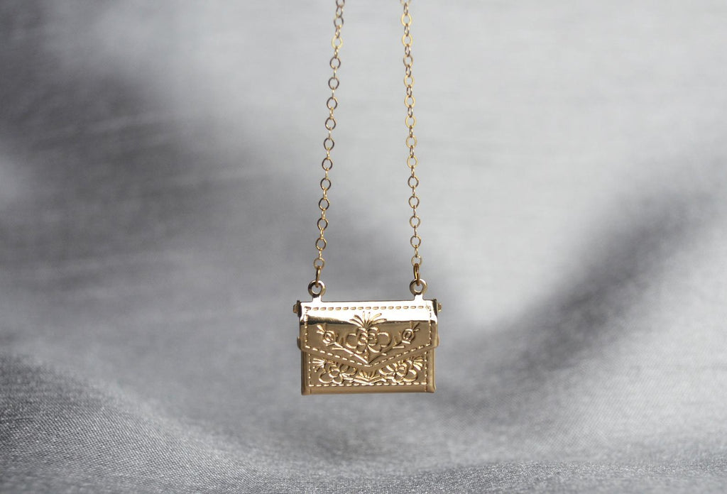 Envelope Locket Necklace, Letter Locket, Floral Design, Bridesmaid, Gold Locket