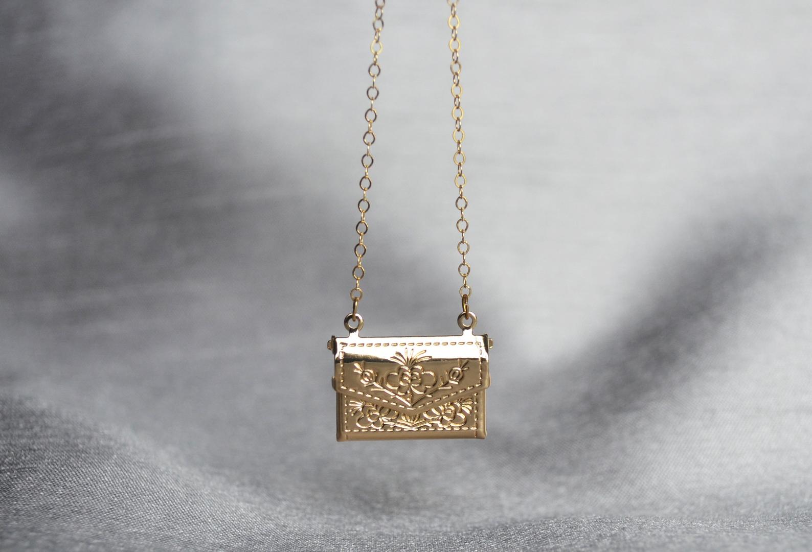 Envelope Locket Necklace, Letter Locket, Floral Design, Bridesmaid, Gold Locket