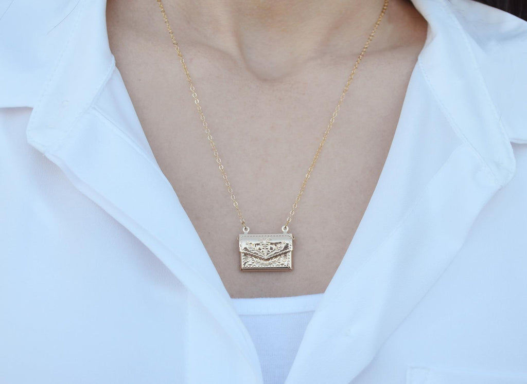 Envelope Locket Necklace, Letter Locket, Floral Design, Bridesmaid, Gold Locket