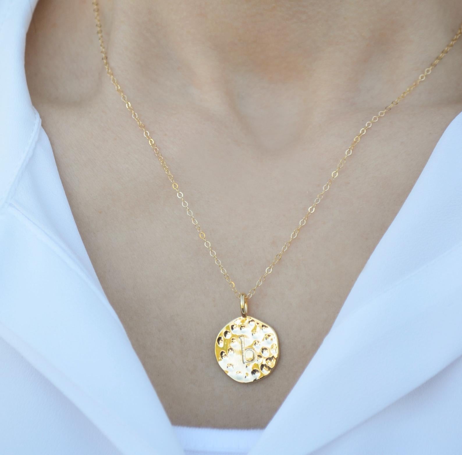 Valentine's Day Necklace, Hammered Letter Disc Necklace, Gold Initial Necklace, Gift for Her, Gift for Wife, Girlfriend Gift, Gift for Mom