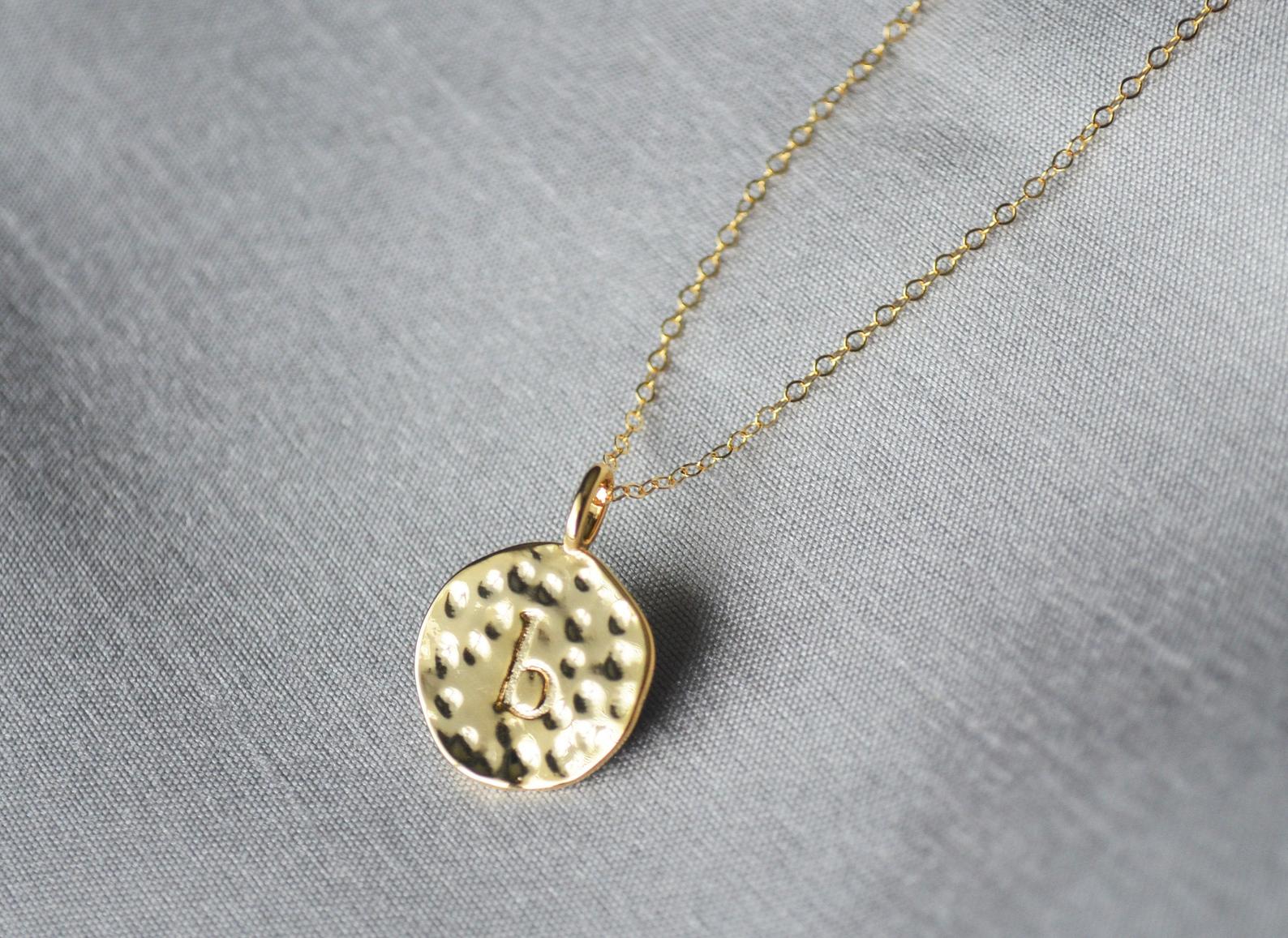 Valentine's Day Necklace, Hammered Letter Disc Necklace, Gold Initial Necklace, Gift for Her, Gift for Wife, Girlfriend Gift, Gift for Mom