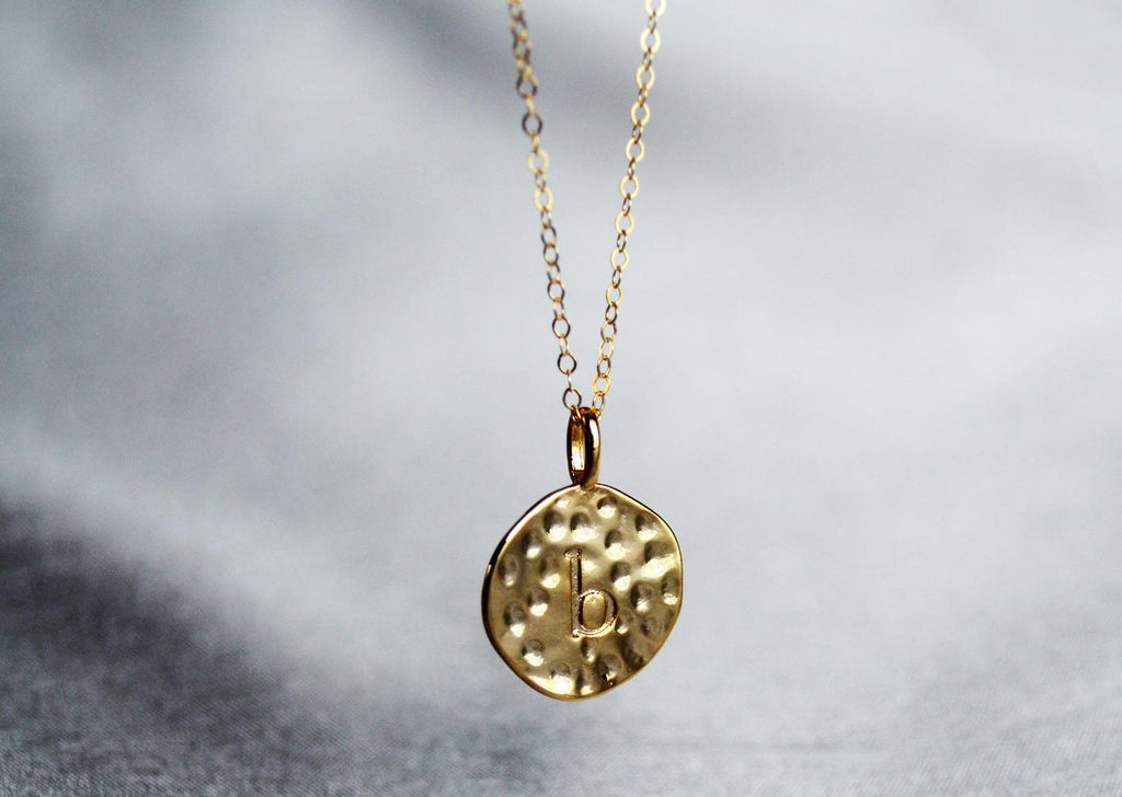 Valentine's Day Necklace, Hammered Letter Disc Necklace, Gold Initial Necklace, Gift for Her, Gift for Wife, Girlfriend Gift, Gift for Mom