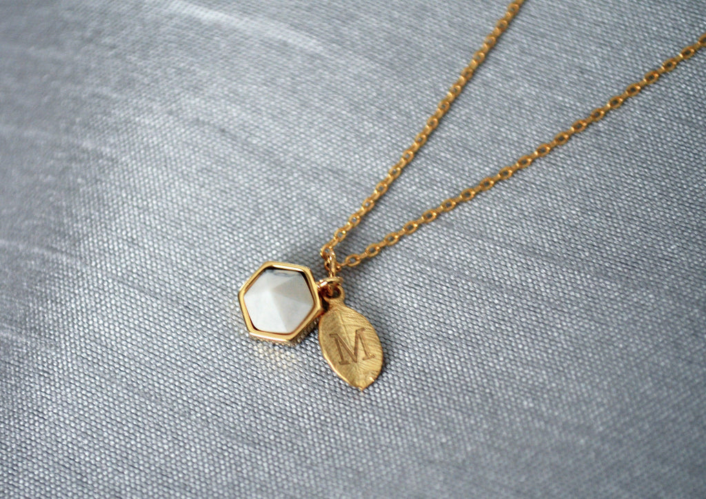 White Stone Necklace, Bridesmaid Necklace, Custom Initial Necklace, Leaf Necklace, Letter Necklace, Gift for her, Howlite Hexagon Necklace