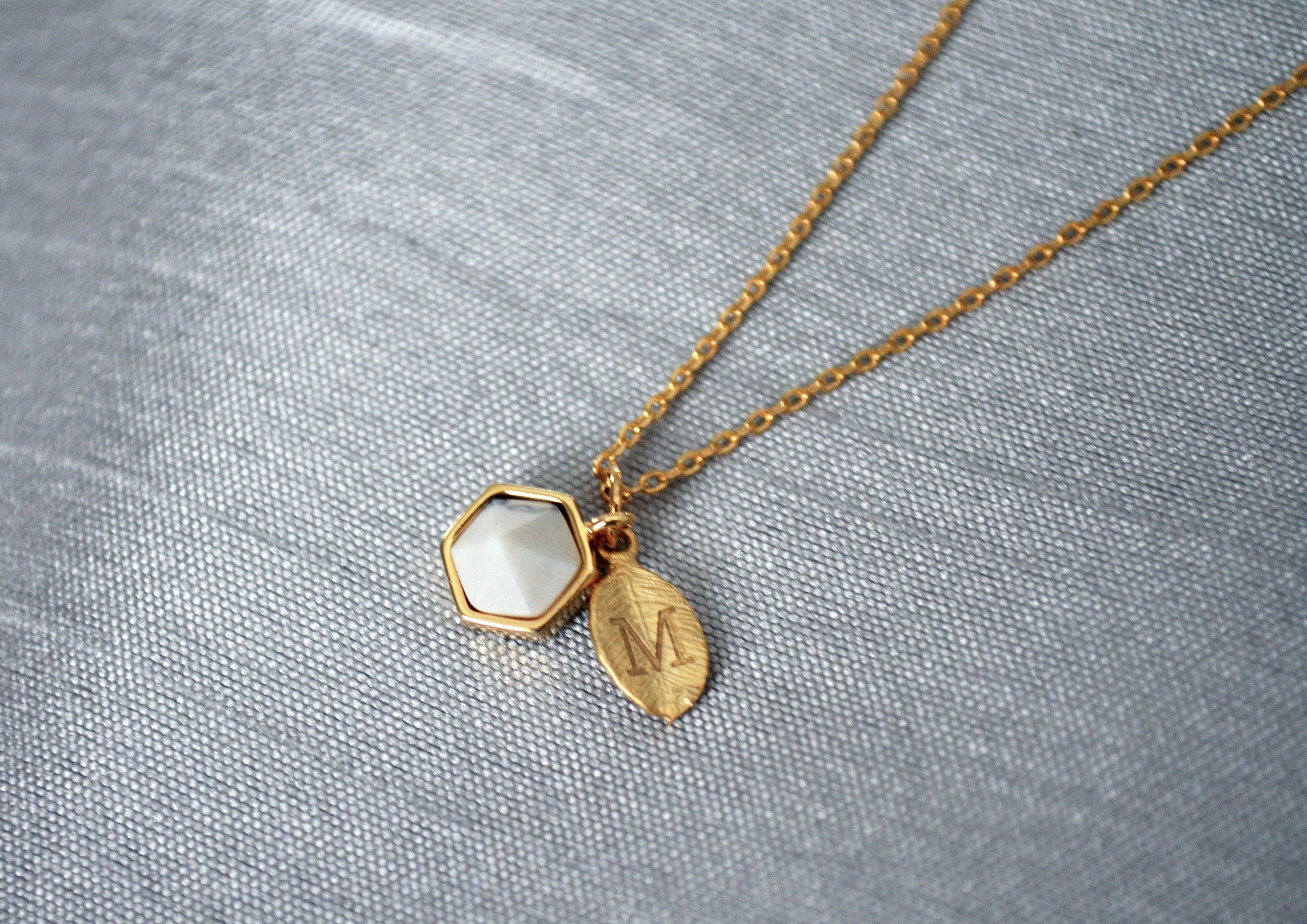White Stone Necklace, Bridesmaid Necklace, Custom Initial Necklace, Leaf Necklace, Letter Necklace, Gift for her, Howlite Hexagon Necklace