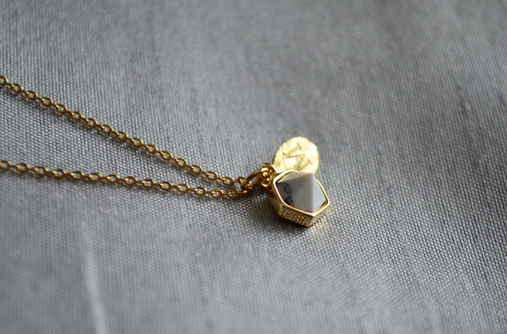 White Stone Necklace, Bridesmaid Necklace, Custom Initial Necklace, Leaf Necklace, Letter Necklace, Gift for her, Howlite Hexagon Necklace