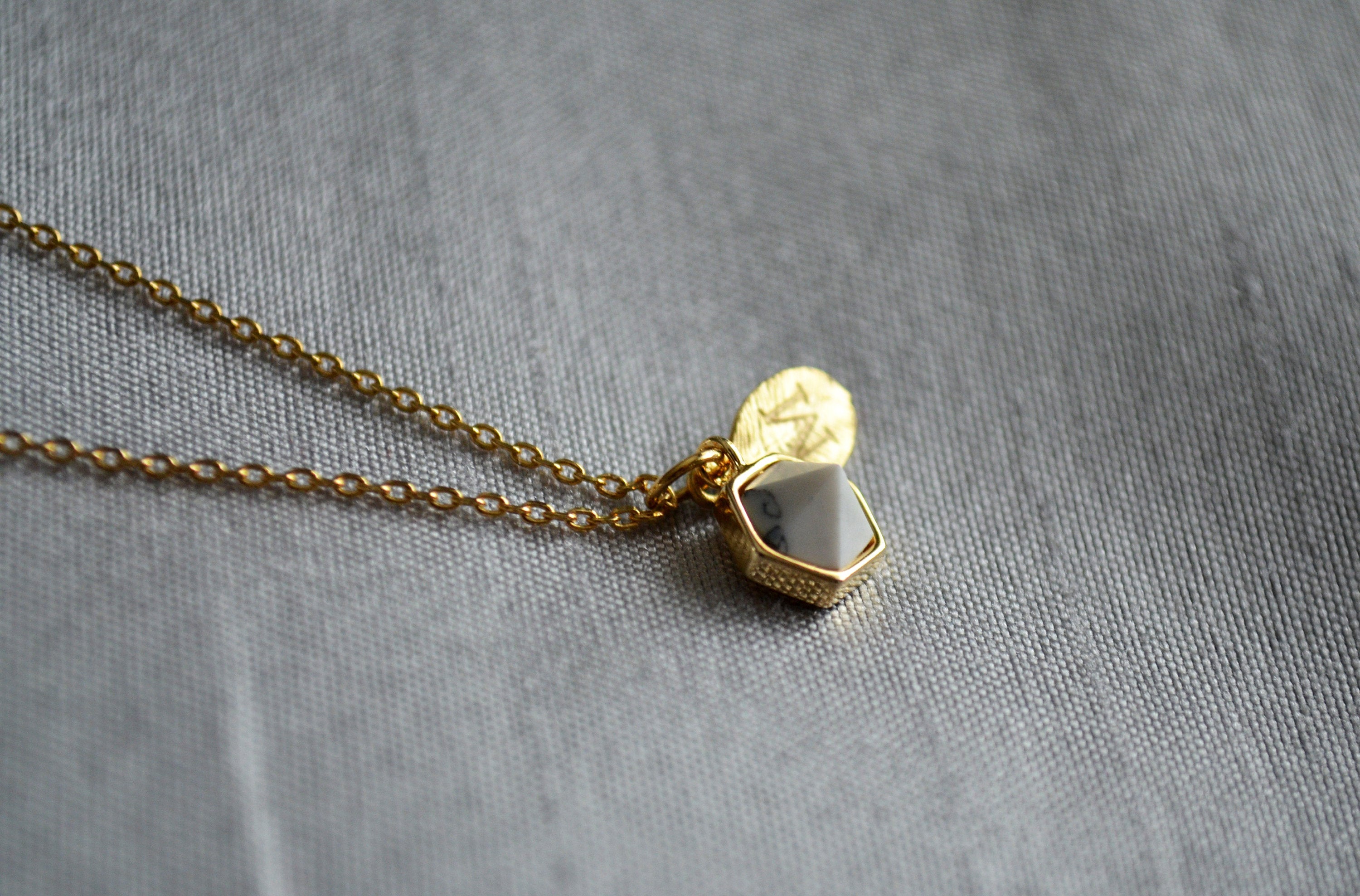 White Stone Necklace, Bridesmaid Necklace, Custom Initial Necklace, Leaf Necklace, Letter Necklace, Gift for her, Howlite Hexagon Necklace