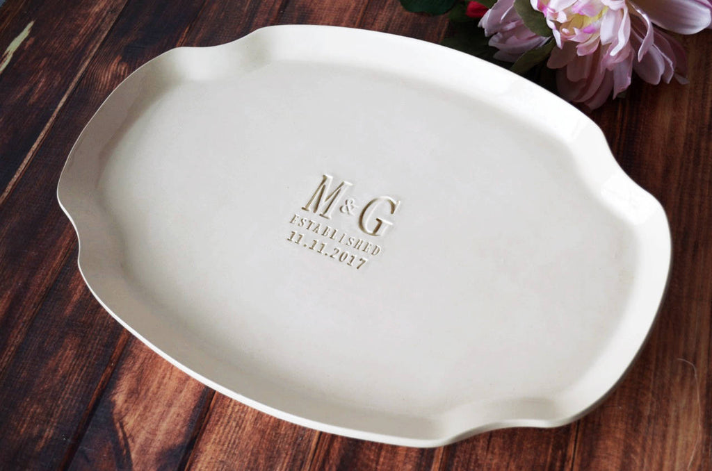 Personalized Ceramic Platter, Initials & Established Date, 16 x 11 Inch, Handmade