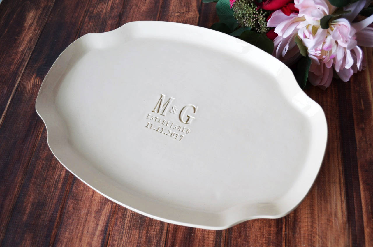 Personalized Ceramic Platter, Initials & Established Date, 16 x 11 Inch, Handmade