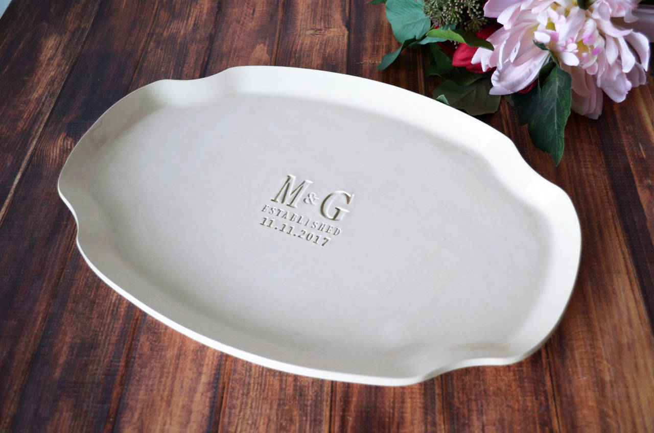 Personalized Ceramic Platter, Initials & Established Date, 16 x 11 Inch, Handmade