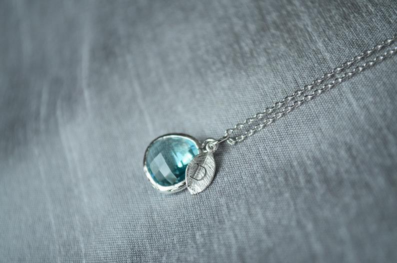 silver chain necklace with initial on leaf