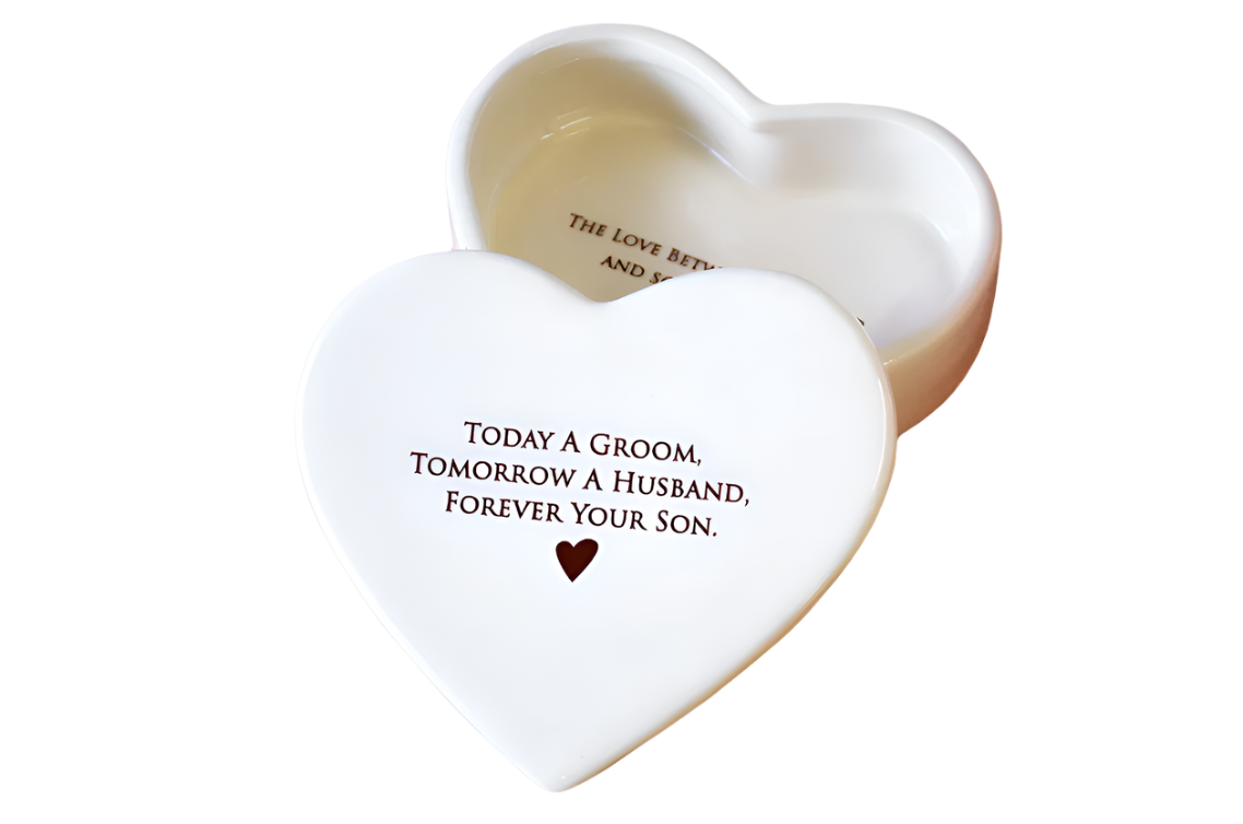 Unique Mother of the Groom Gift - Heart Shaped Keepsake Box - Today a Groom, Tomorrow a Husband, Forever Your Son