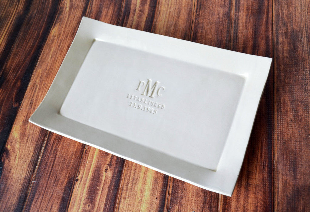 rectangular ceramic platter with monogram and Established date.  Wedding gift