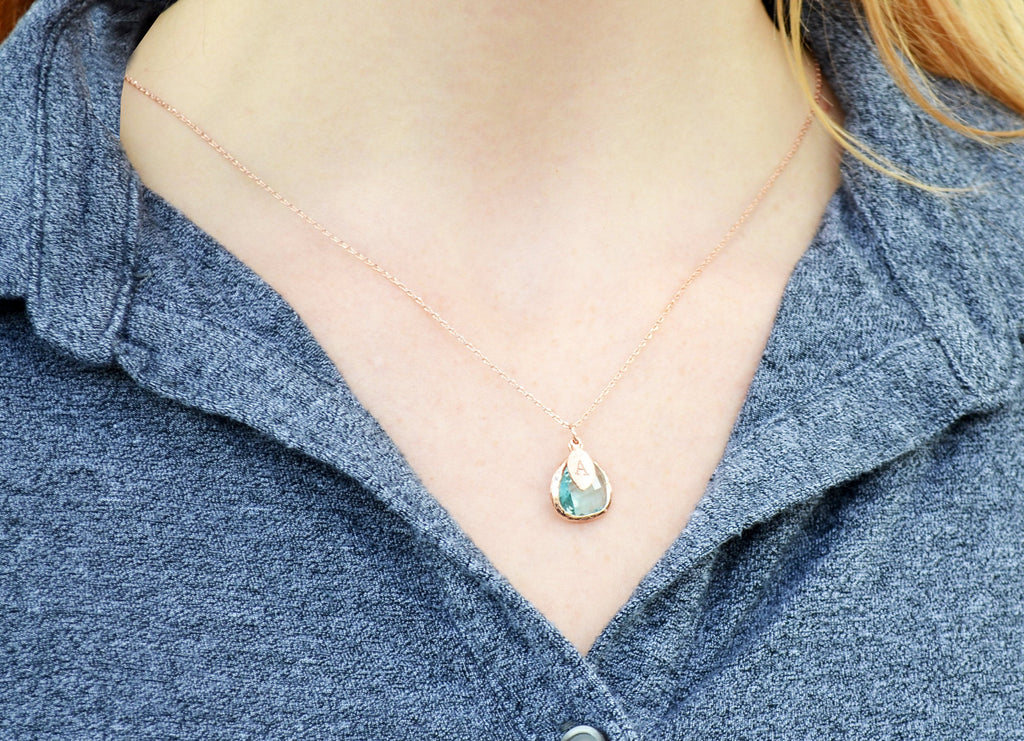 gold chain aquamarine necklace with leaf