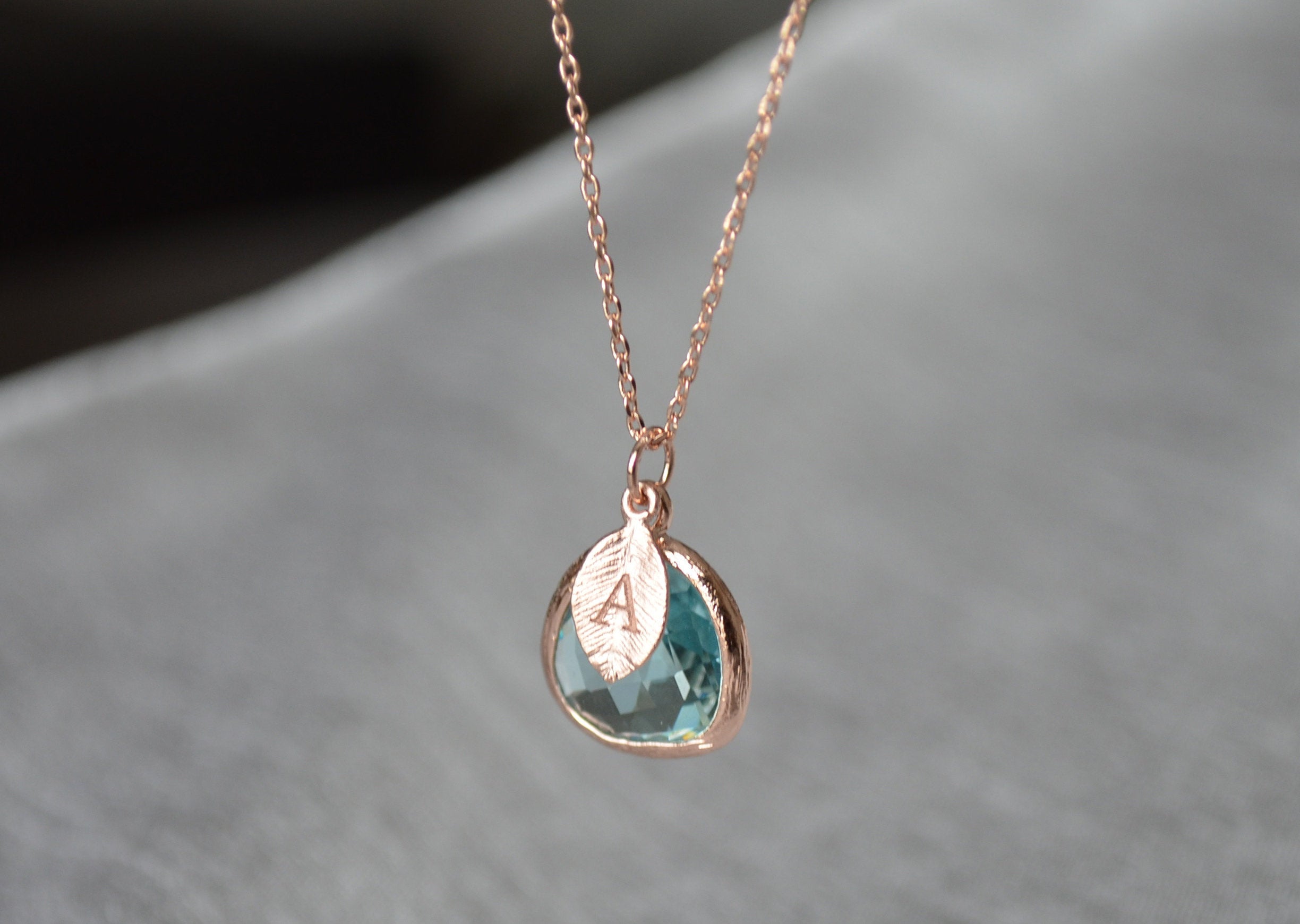 rose-gold finish on aquamarine pendant necklace