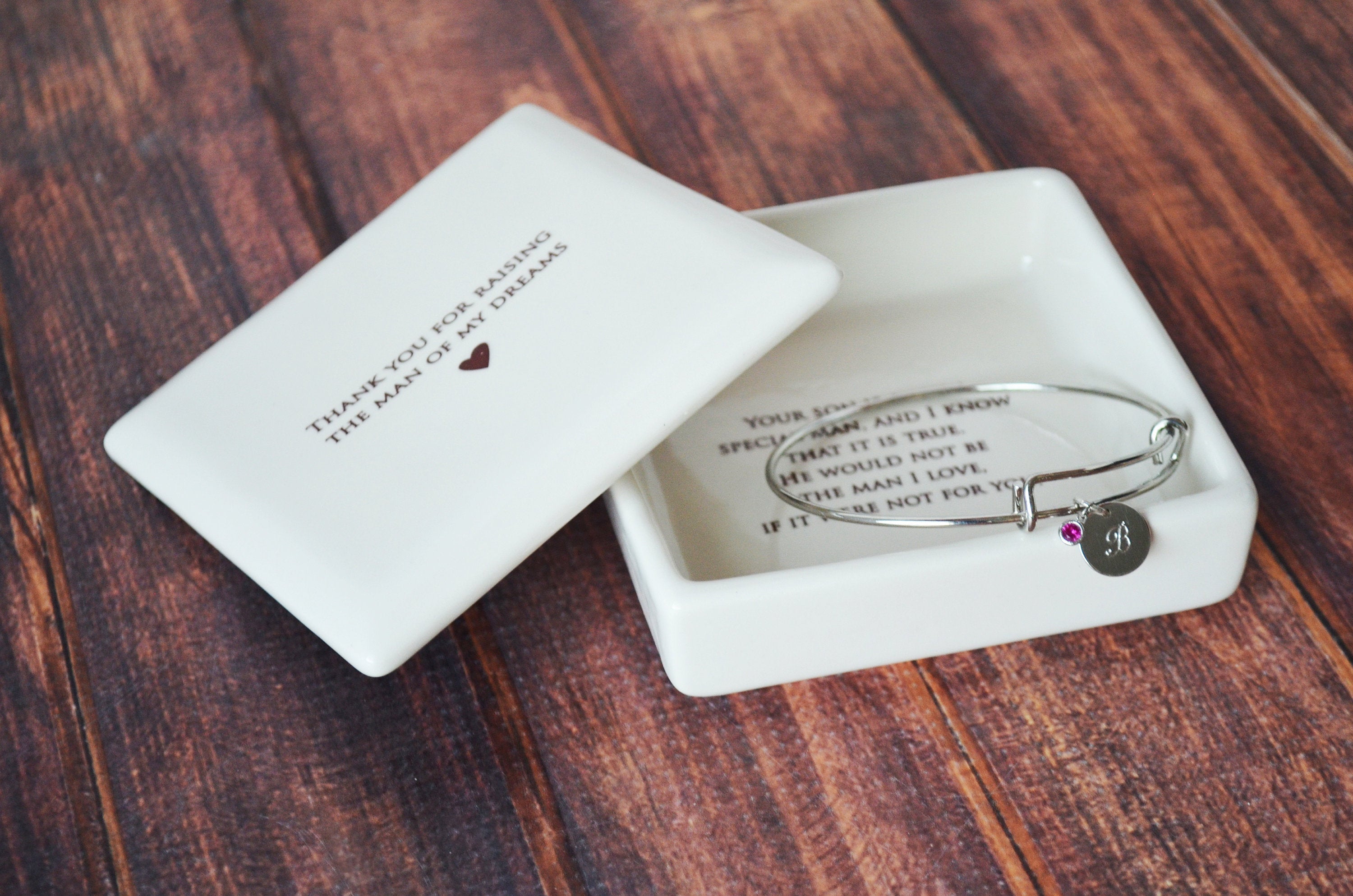 Mother of the Groom Gift - Square Keepsake Box with Personalized Silver Charm Bracelet - Add Custom Text -- Thank You For Raising the Man of My Dreams