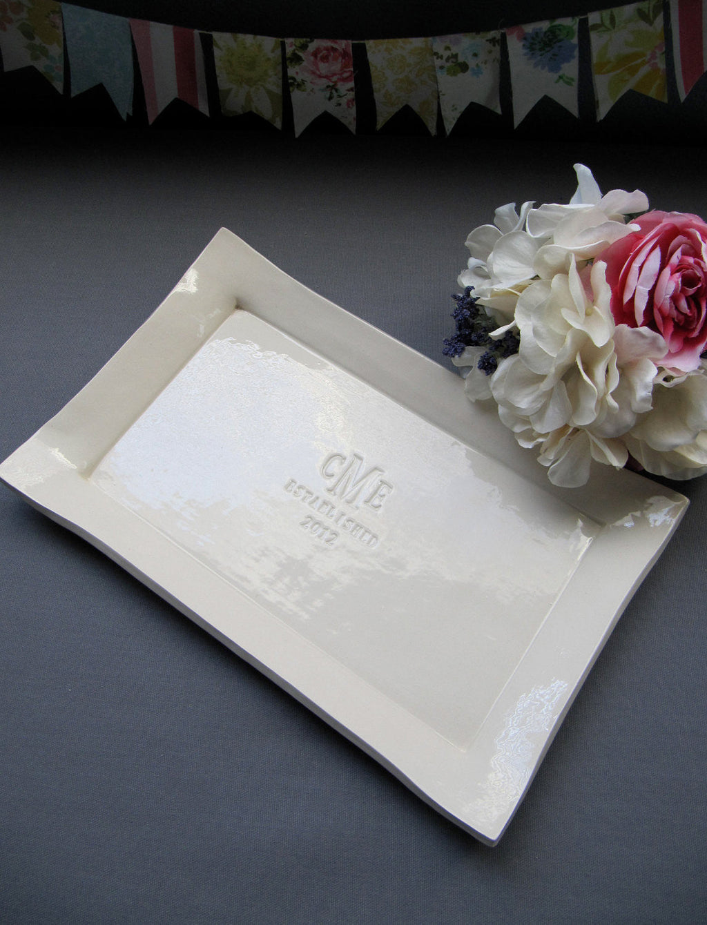 Personalized Rectangle Platter, Monogram & Date, 12.5x8 Ceramic
