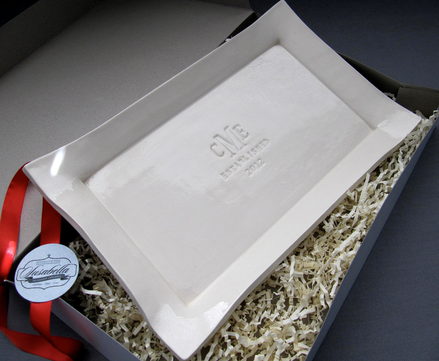 Personalized Rectangle Platter, Monogram & Date, 12.5x8 Ceramic