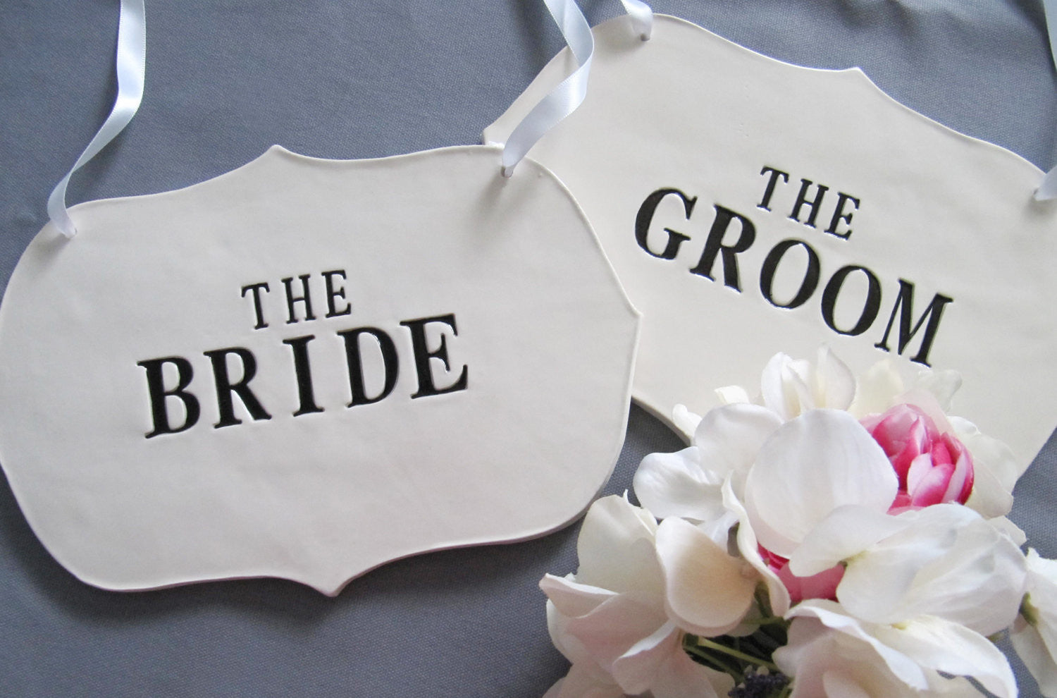 Large The Bride & The Groom Wedding Sign Set to Hang on Chair and Use as Photo Prop - Available in Gold, Silver, Black, & White