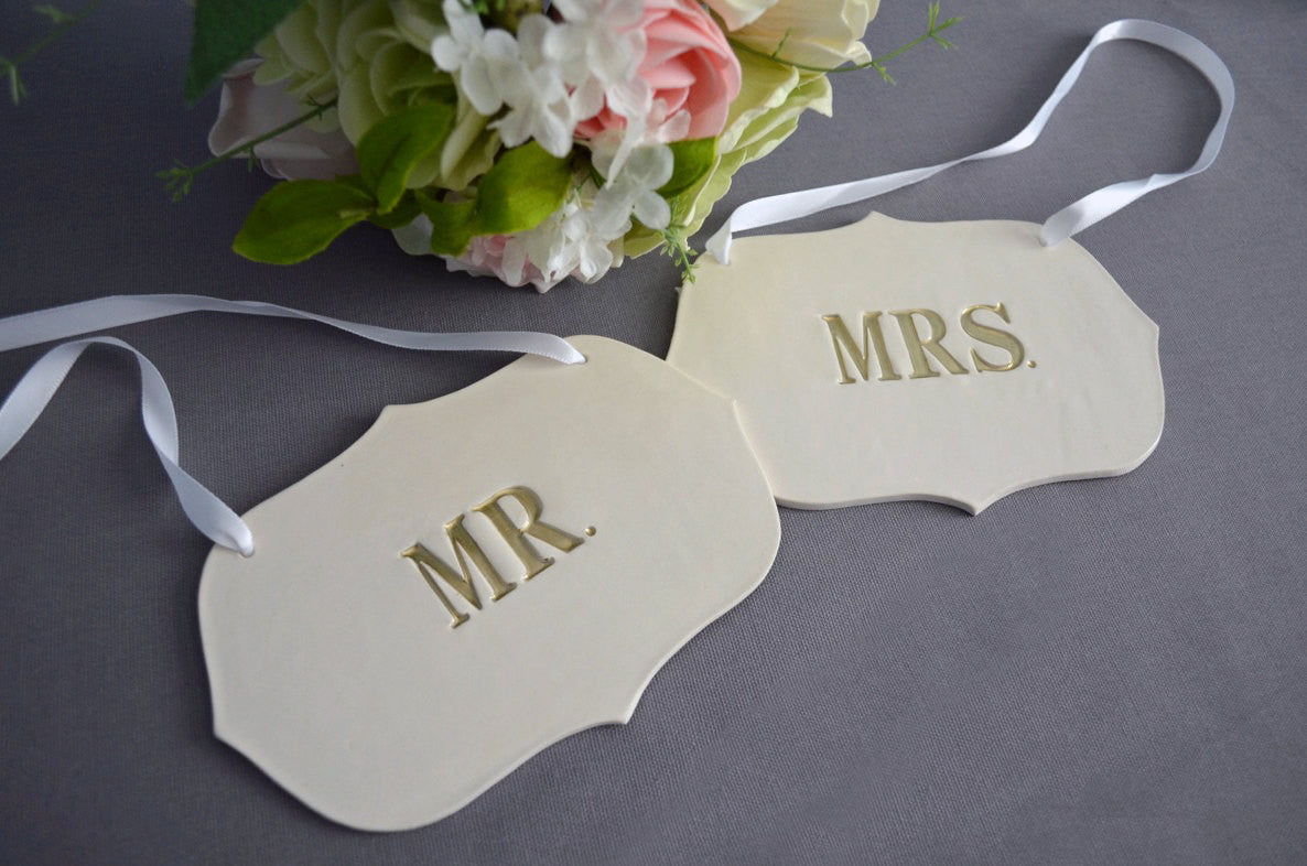 Mr. and Mrs. Wedding Sign Set to Hang on Chair and Use as Photo Prop; available in gold or silver