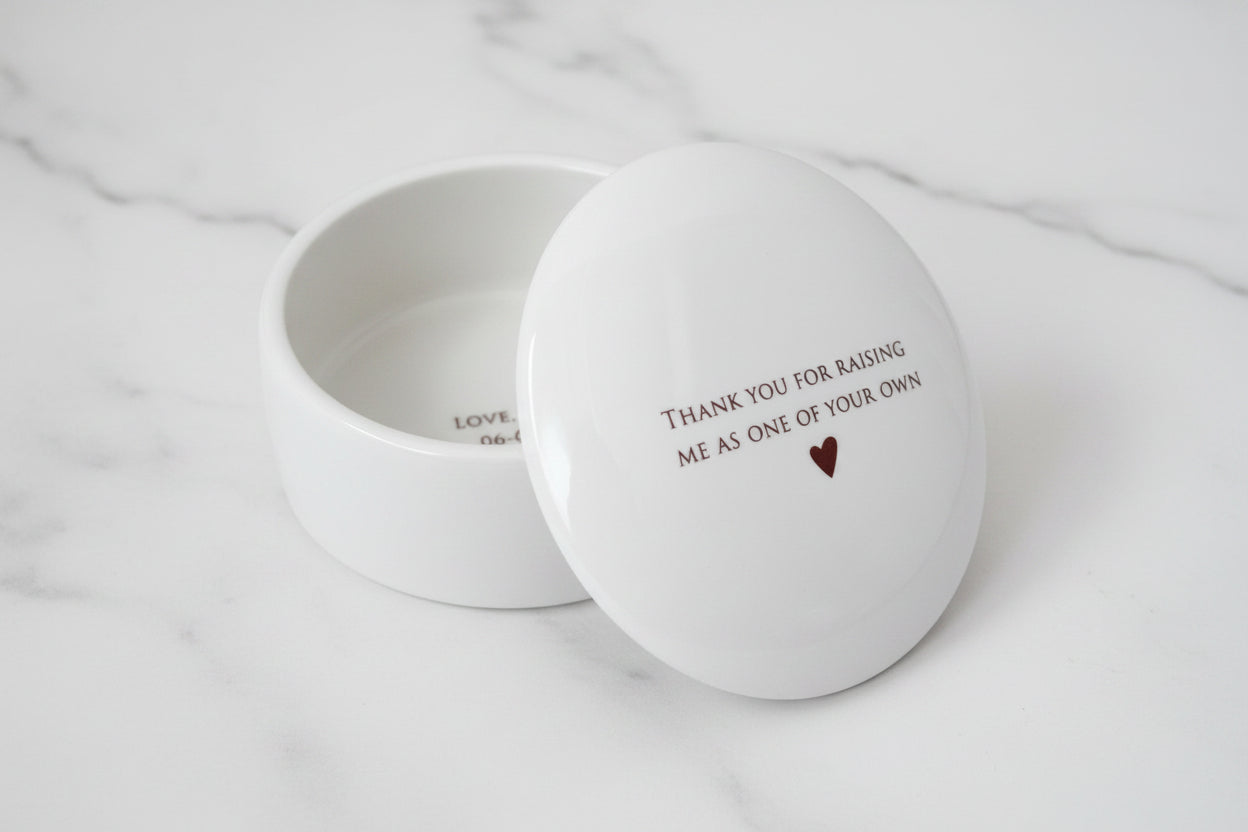 Personalized StepMother of the Bride or Groom Gift - 'Thank you for raising me as one of your own' - Ceramic Keepsake Box