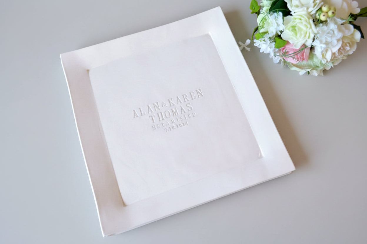 large ceramic platter customized with 'Alan & Karen Thomas' and wedding date