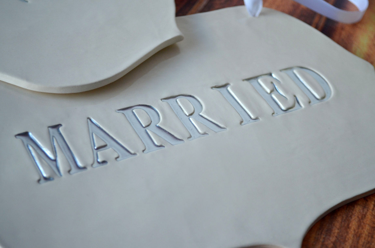 Large Silver 'Just Married' Wedding Sign Set to Hang on Chair and Use as Photo Prop
