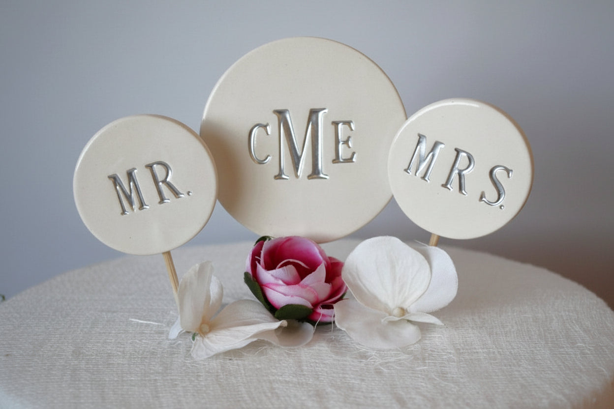 Monogrammed Wedding Cake Topper with Initials and Mr. & Mrs. toppers