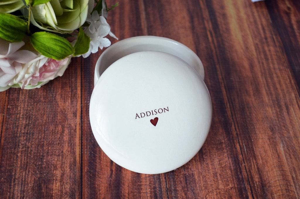 White round keepsake personalized with 'ADDISON' on the lid