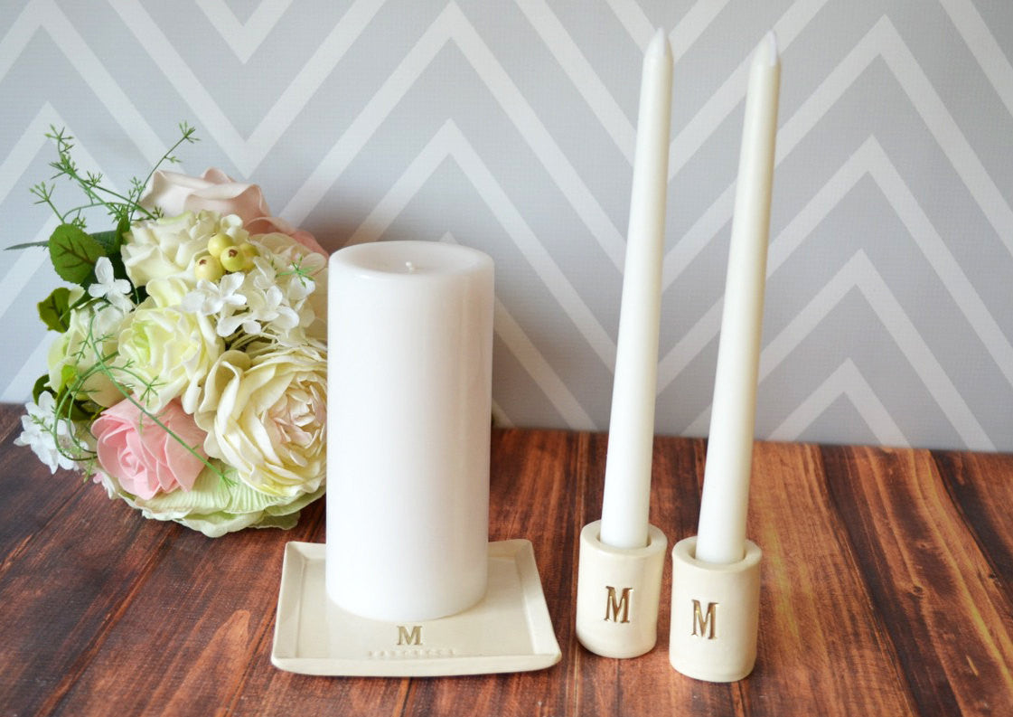 Unity Candle Ceremony Set with Ceramic Candle Holders and Square Plate - Personalized