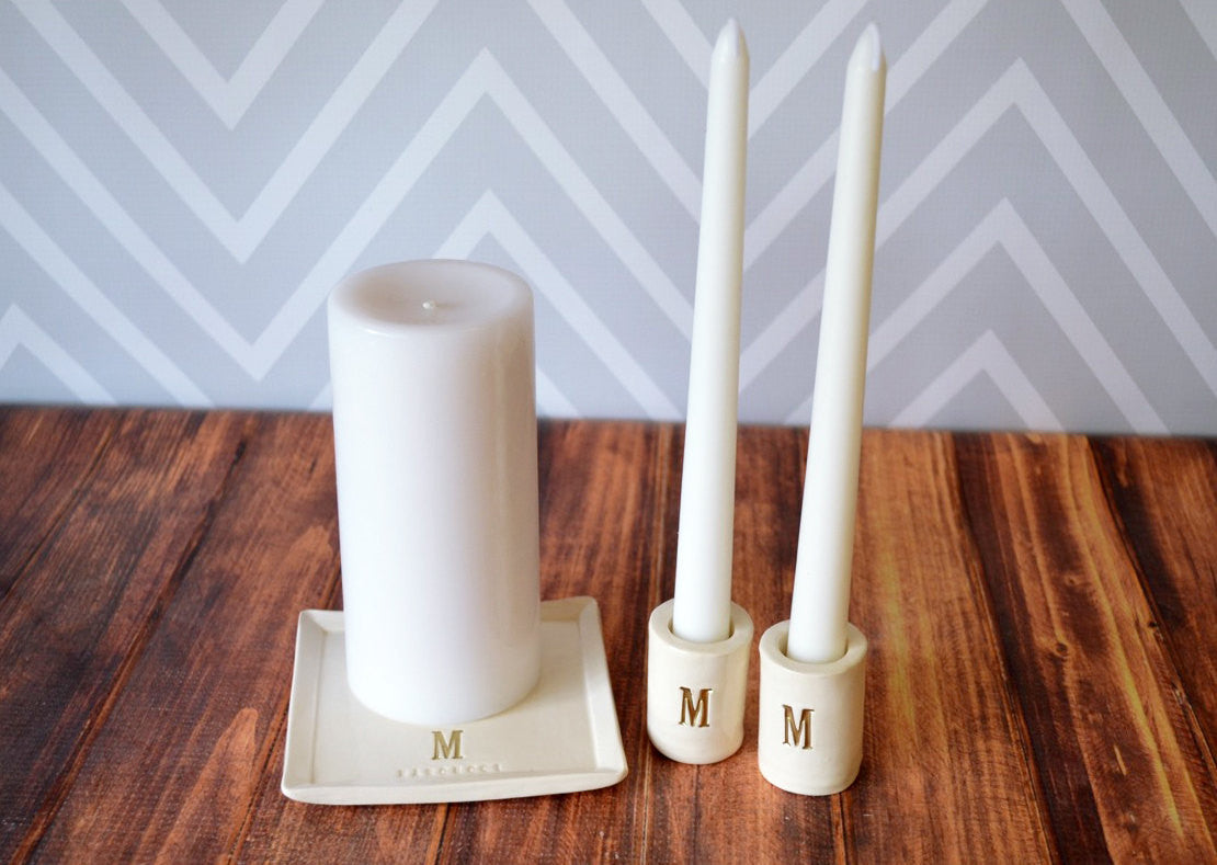 Unity Candle Ceremony Set with Ceramic Candle Holders and Square Plate - Personalized