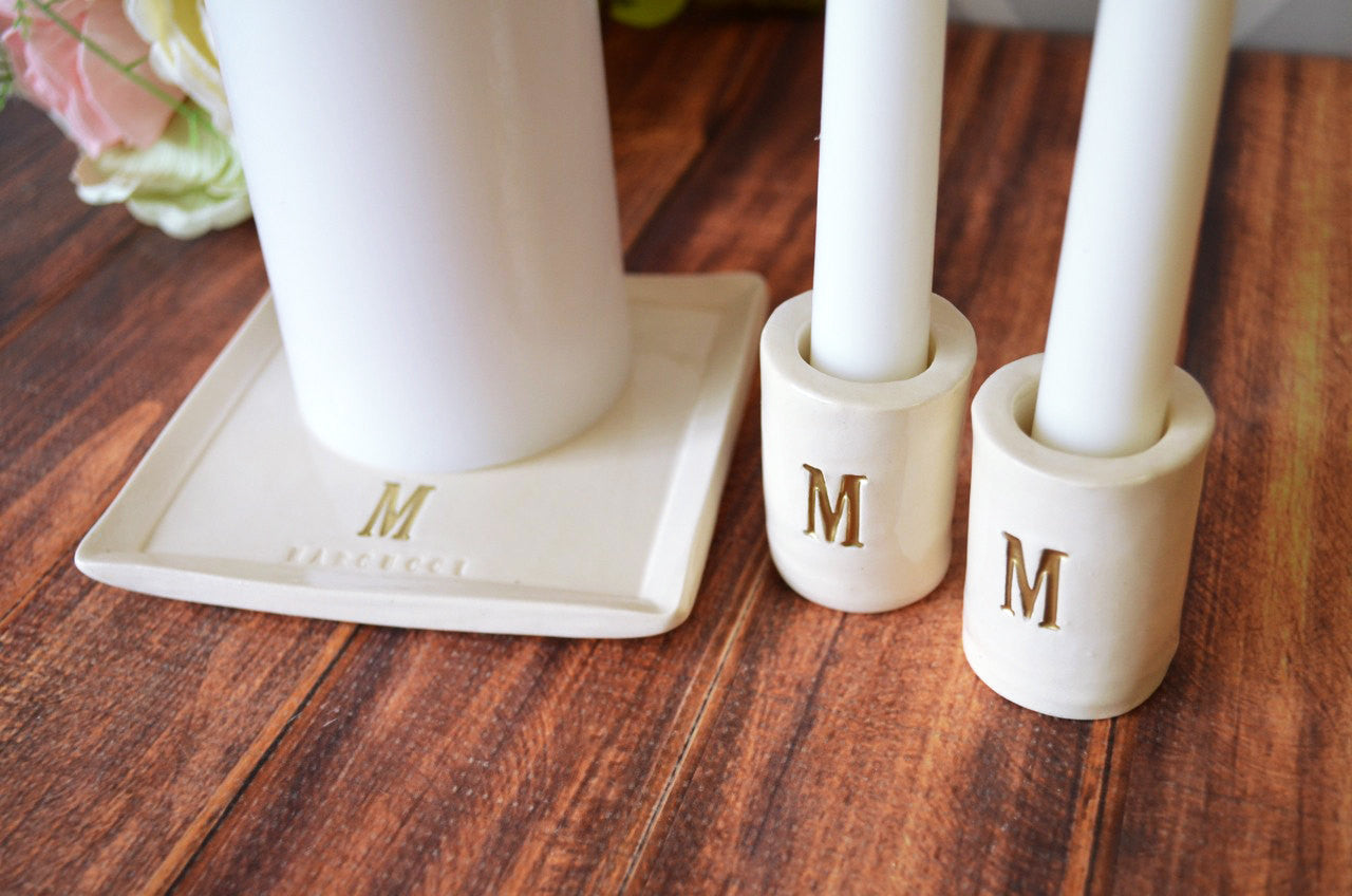 Unity Candle Ceremony Set with Ceramic Candle Holders and Square Plate - Personalized
