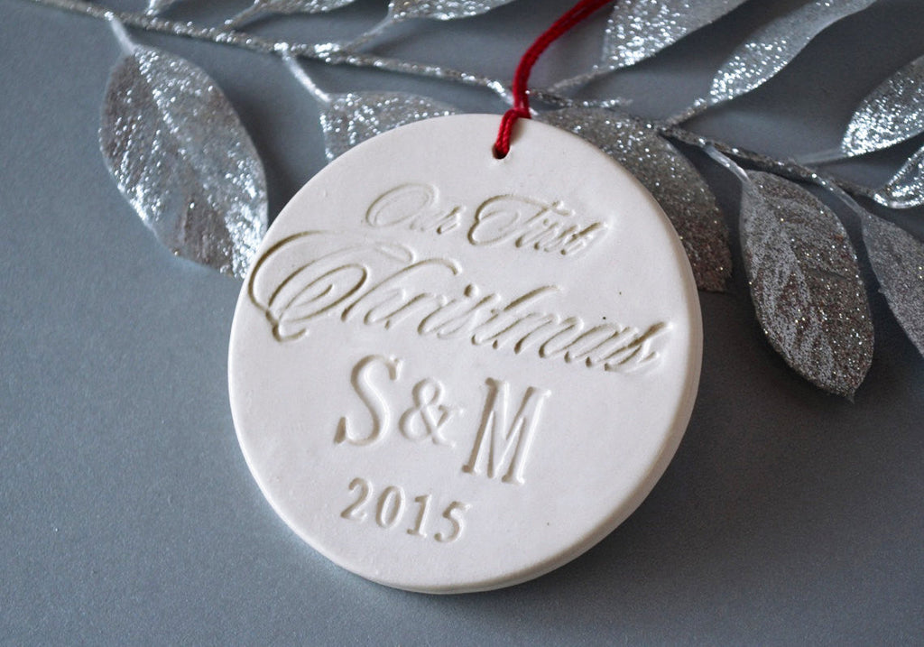 Personalized Our First Christmas Ornament with Initials and Year - Gift Boxed