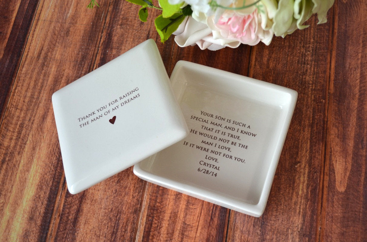 Mother of the Groom Gift - Square Keepsake Box with Personalized Silver Charm Bracelet - Add Custom Text -- Thank You For Raising the Man of My Dreams