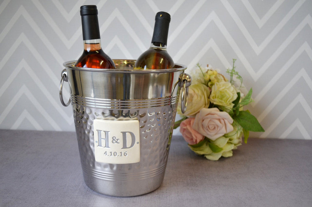 Hammered Stainless Steel Wine Bucket with Painted Initials - Personalized Wedding Gift