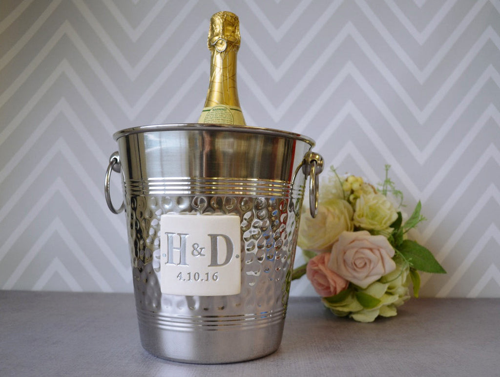 Hammered Stainless Steel Wine Bucket with Painted Initials - Personalized Wedding Gift