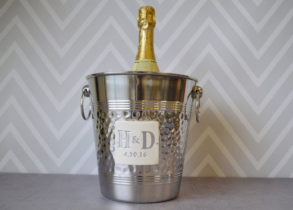 Hammered Stainless Steel Wine Bucket with Painted Initials - Personalized Wedding Gift