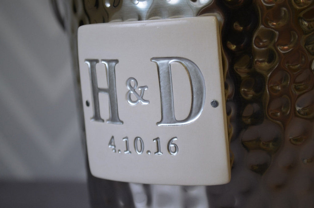 Hammered Stainless Steel Wine Bucket with Painted Initials - Personalized Wedding Gift